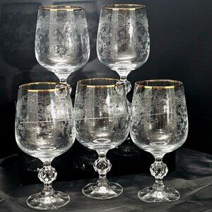 5 Crystalex Queens Lace Water Glasses 6.5" handblown Bohemia Crystal etched glas